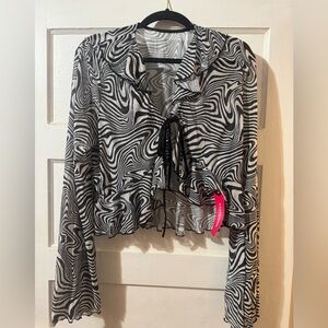 SHEIN Black & White Swirl Tie-Front Ruffle Blouse
